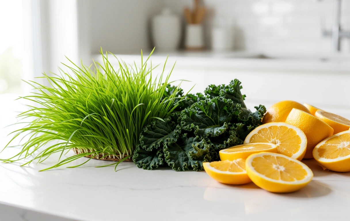 Fresh superfood ingredients on a clean workspace